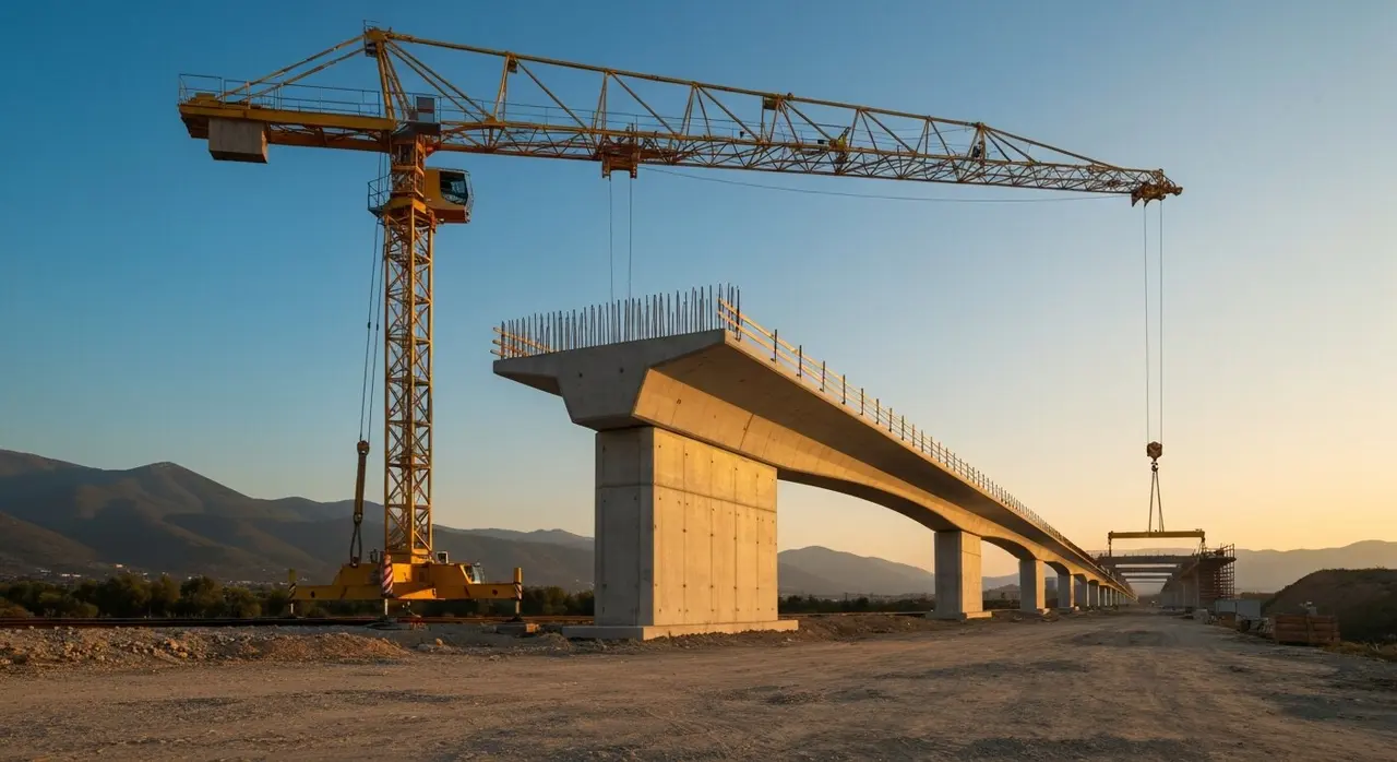 Cantiere PNRR in Italia: piattaforma elevatrice e gru su un progetto ferroviario, simbolo degli investimenti che sostengono il PIL nelle stime OCSE 2026