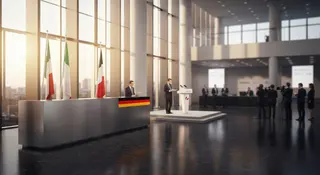 OPS UniCredit Commerzbank: sale di rappresentanza bancaria con bandiere italiana e tedesca, simbolo del consolidamento al 37,68%
