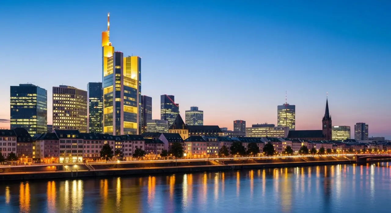 Skyline di Francoforte sul Meno al tramonto, sede del settore bancario tedesco protagonista della OPS UniCredit Commerzbank