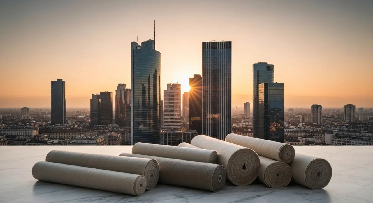 Skyline Milano e tessuti italiani simbolo del tessile abbigliamento 58 miliardi del rapporto Confindustria Moda 2026