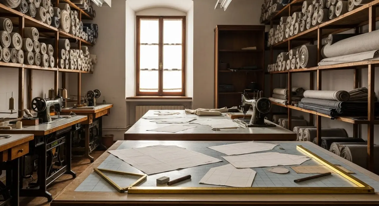 Atelier sartoriale italiano con tessuti e tagli simbolo della filiera moda con 372.200 addetti