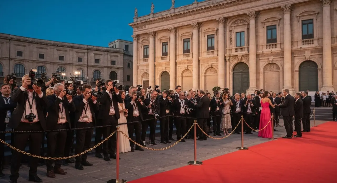 Red carpet della 72esima edizione del Taormina Film Festival davanti al Teatro Antico illuminato al tramonto
