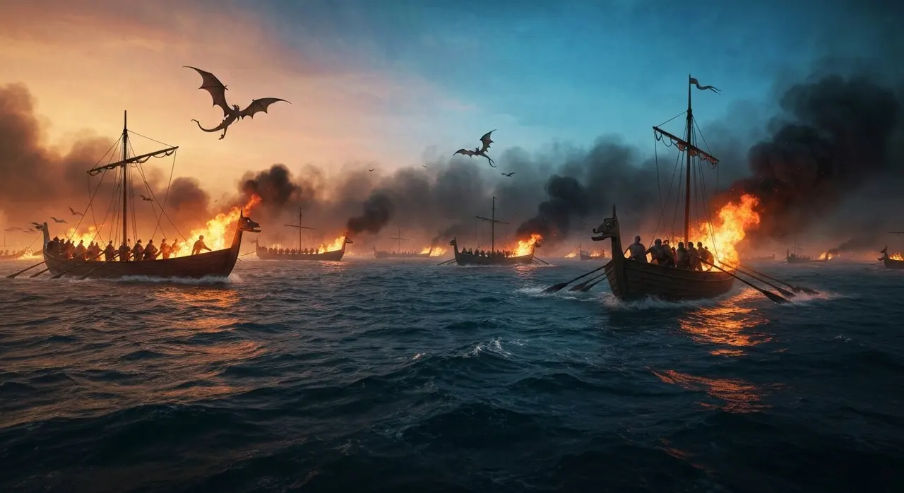 Anteprima mondiale di House of the Dragon stagione 3 al Taormina Film Festival 2026: scena di battaglia navale con draghi