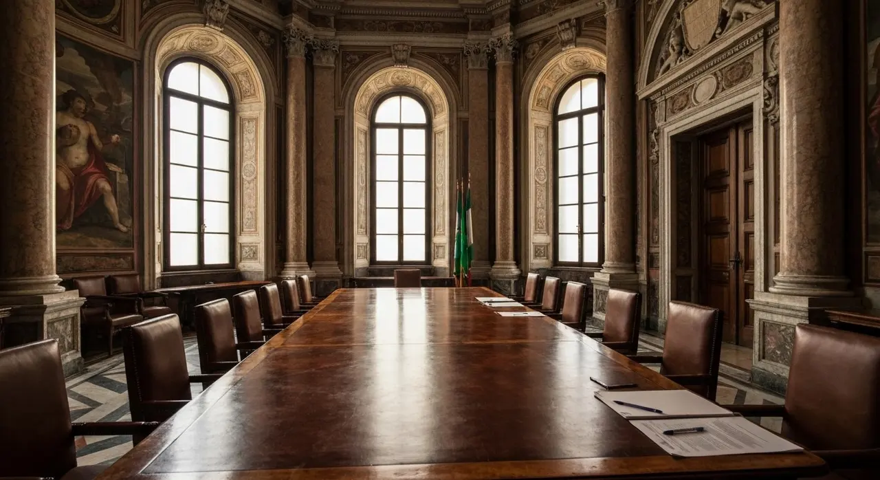 Decreti attuativi IA Italia, sala del Consiglio dei ministri a Palazzo Chigi al termine della seduta