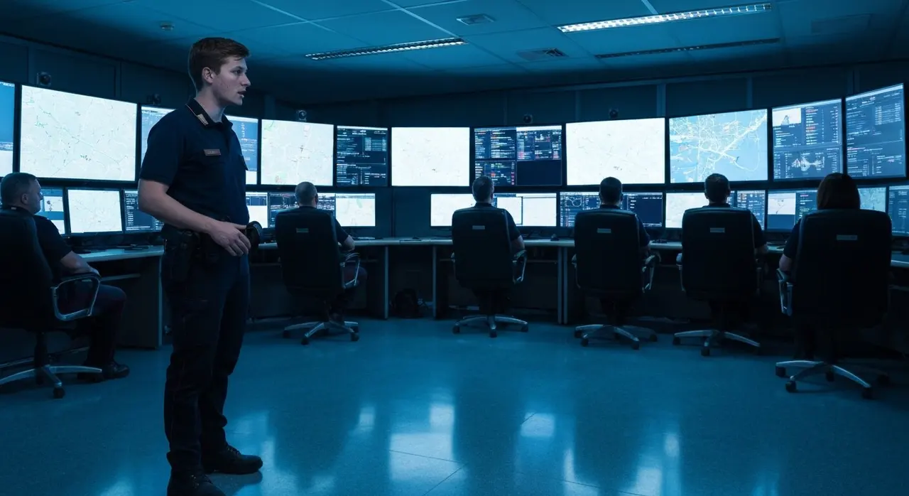 Decreti attuativi IA Italia, sala operativa di polizia italiana con monitor e dashboard