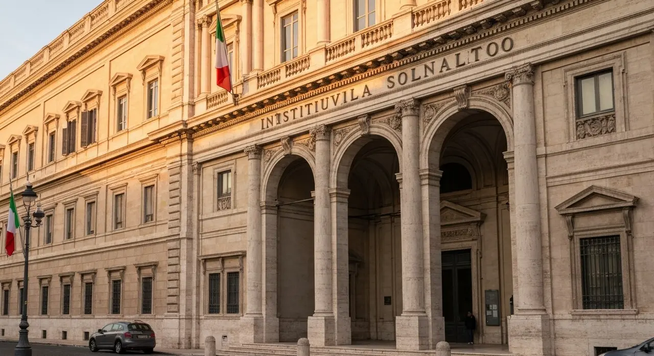 Ministero della Salute a Roma al tramonto, con il tricolore italiano: il governo Meloni ha bloccato il decreto sulla riforma dei medici di famiglia