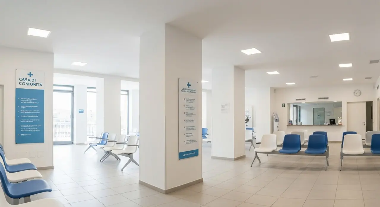 Interno di una Casa di Comunità italiana con sala d'attesa vuota: solo il 4% delle strutture PNRR è oggi operativo