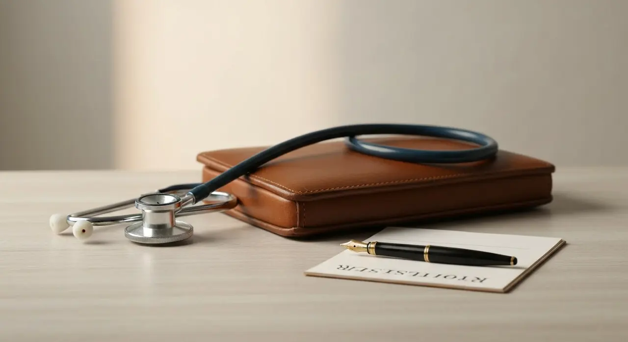 Riforma medici di famiglia: stetoscopio e ricettario su una scrivania chiara, simbolo del medico di base italiano dopo lo stop al decreto Schillaci