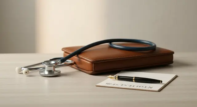 Riforma medici di famiglia: stetoscopio e ricettario su una scrivania chiara, simbolo del medico di base italiano dopo lo stop al decreto Schillaci