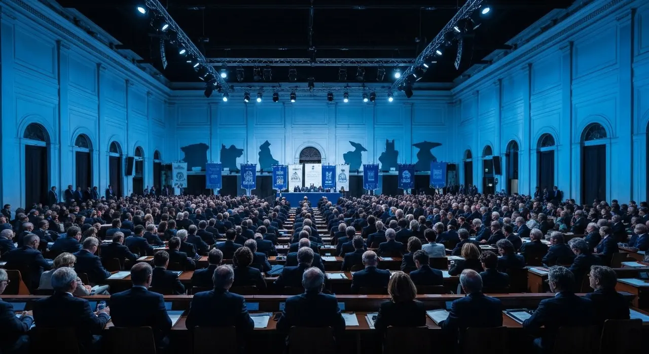 Sala congressi dell'Eur a Roma con luce blu durante l'assemblea di Progetto Civico Italia