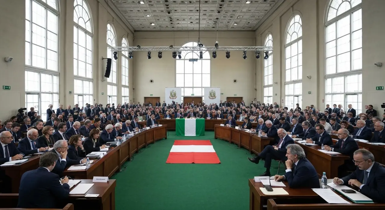 Costituente Futuro Nazionale: sala dell'assemblea con delegati e bandiere tricolori