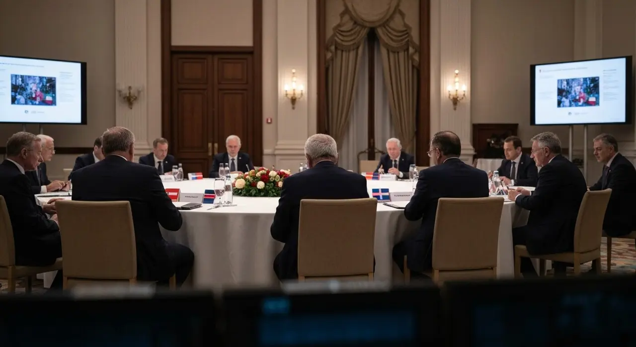 G7 Evian Meloni: tavolo di lavoro G7 con bandiere sulle trattative Ucraina