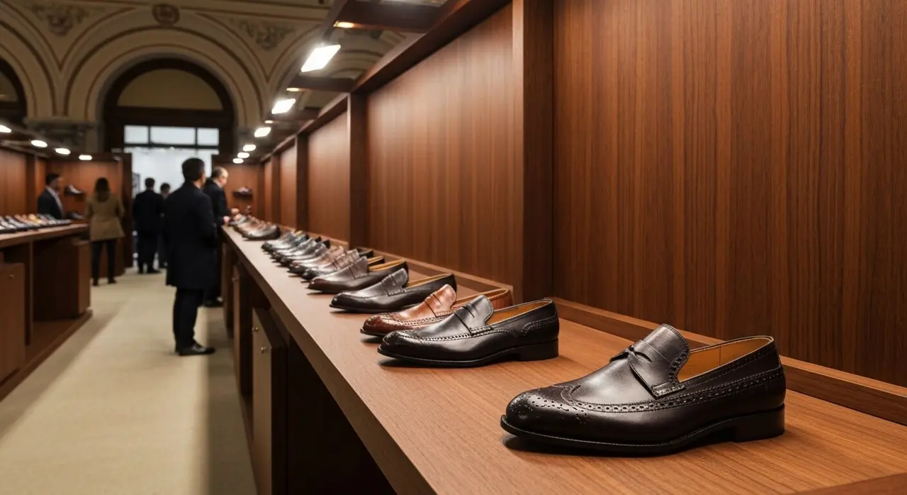 Stand calzature italiane di lusso a Pitti Uomo 110 nella Fortezza da Basso di Firenze