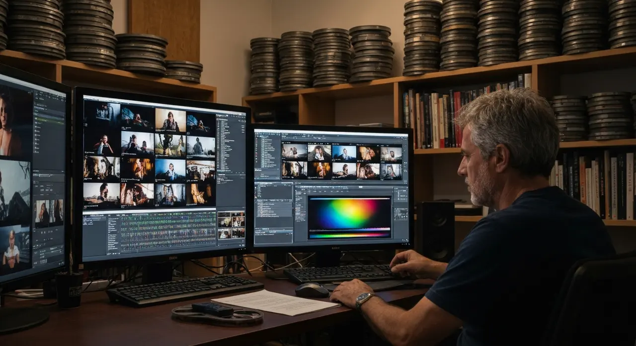 Sala di montaggio cinematografica italiana con monitor e pellicole, decreto cinema audiovisivo Giuli