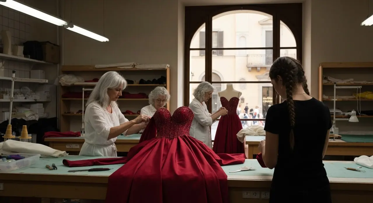Atelier haute couture italiano: ricamatrici cuciono a mano un abito da sera