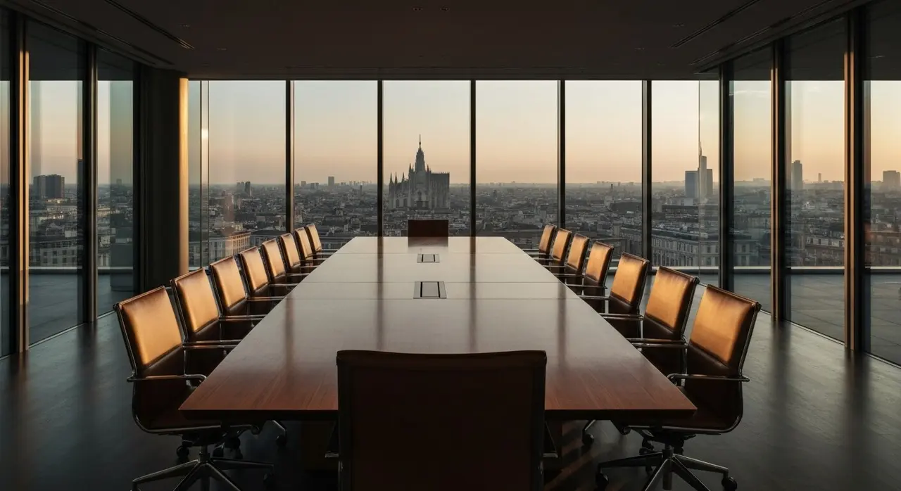 Sala consiglio executive Milano vuota con skyline del Duomo al tramonto