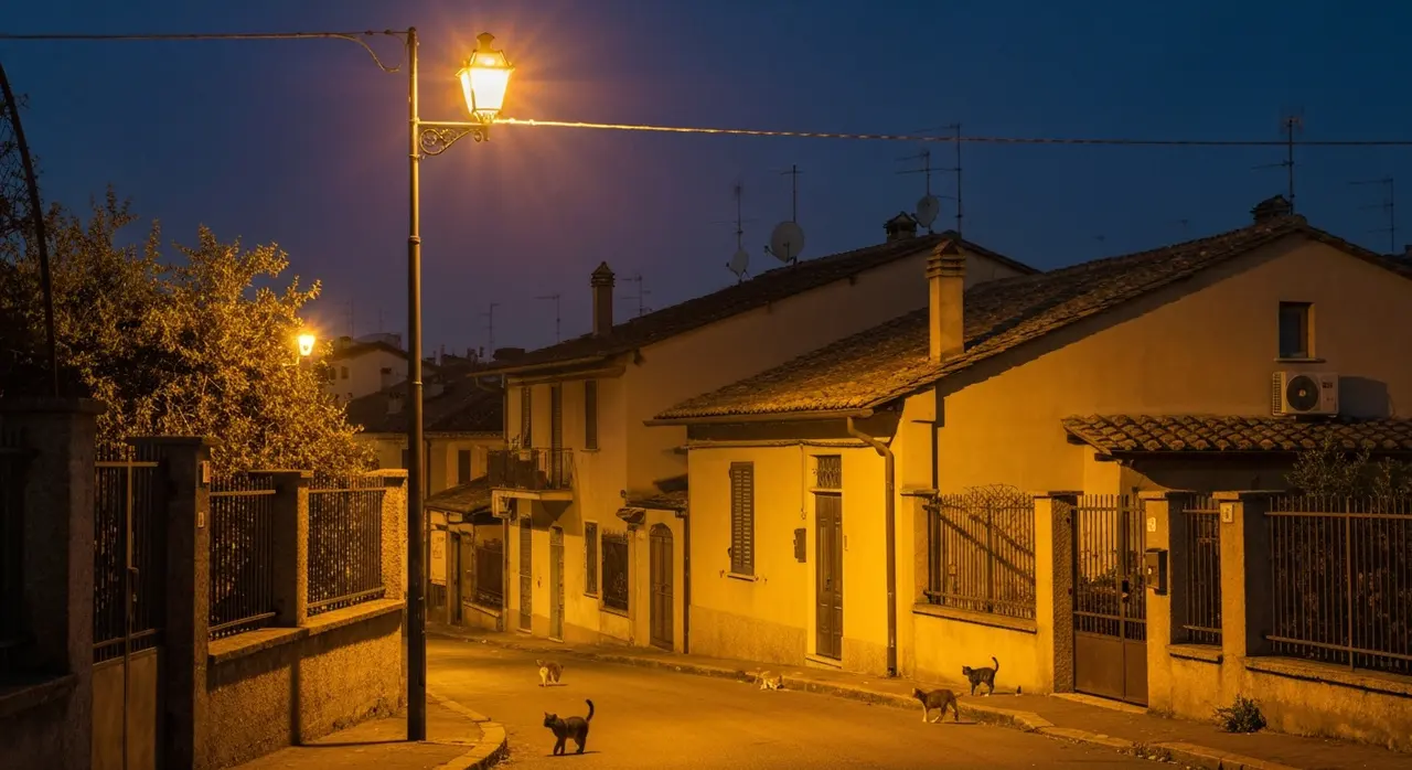 Triplice omicidio Roma Casalotti, via residenziale della periferia ovest illuminata dai lampeggianti della polizia di notte
