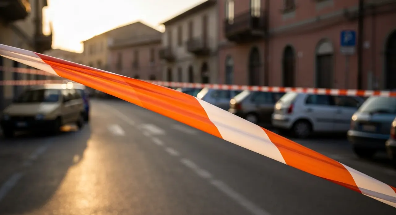 Nastri delle forze dell'ordine all'ingresso di un cortile residenziale di Roma all'alba dopo il triplice omicidio Casalotti