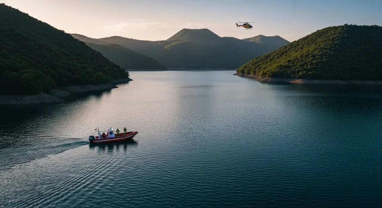 marito Roccella lago Vico ricerche dei sommozzatori in barca al tramonto
