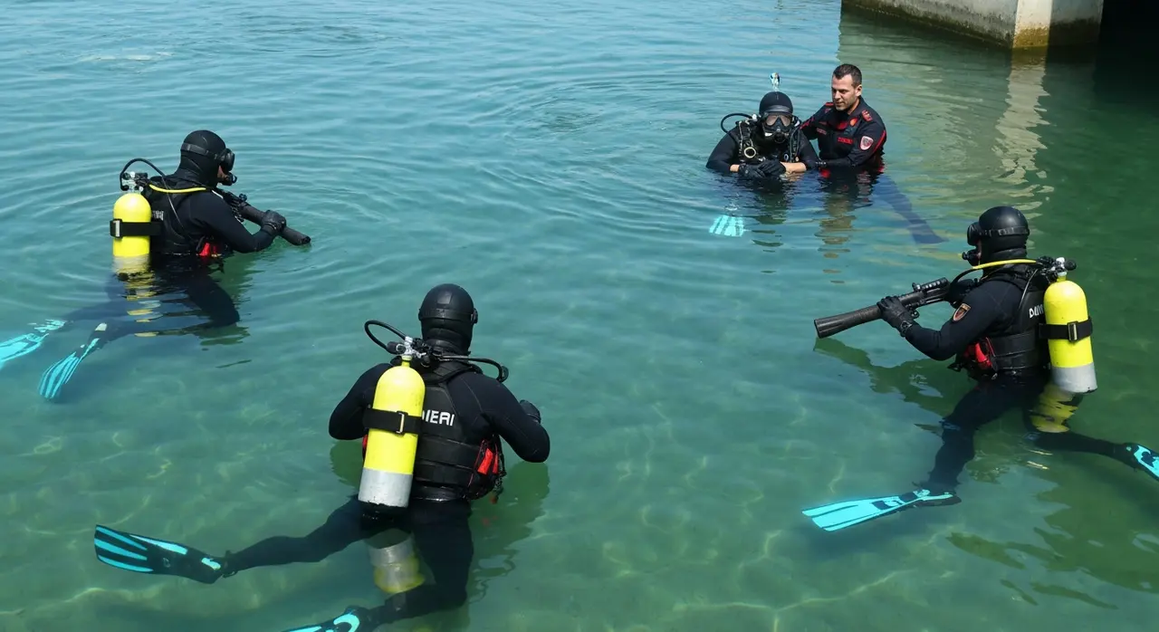 sommozzatori dei Vigili del Fuoco preparano l'attrezzatura sulla riva del lago di Vico