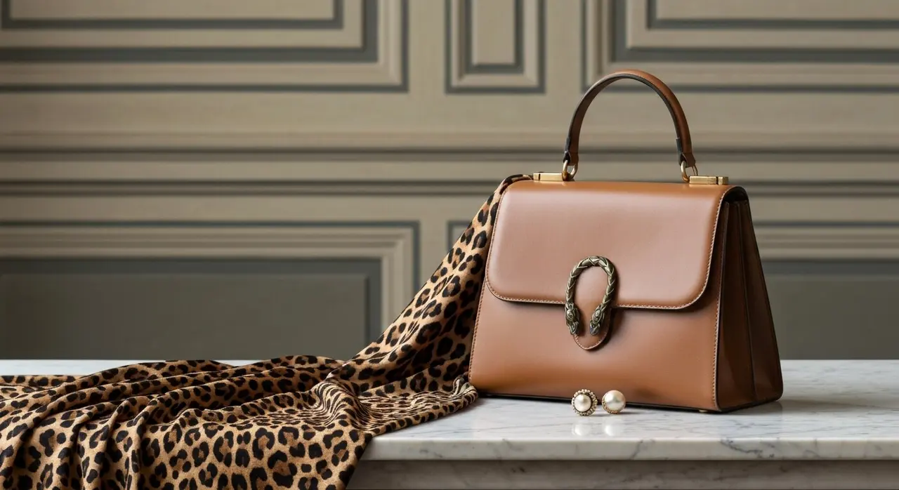 Dettaglio still life di abito leopardato in seta e borsa con chiusura horsebit della collezione Fall 2026