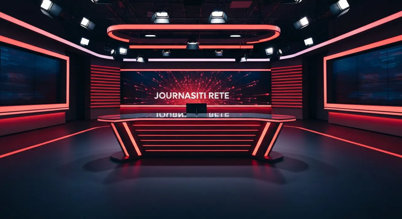 Studio televisivo di Rete 4 illuminato per l'intervista di Nicola Porro alla premier