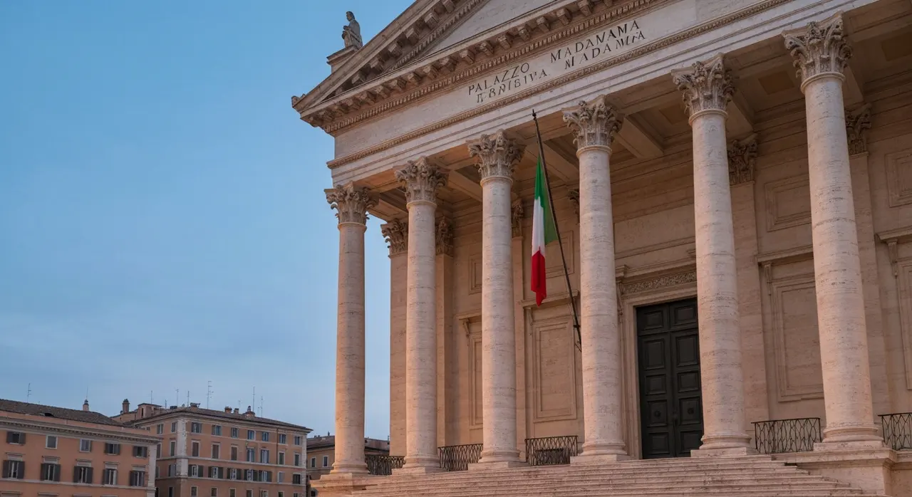 Palazzo Madama, sede del Senato della Repubblica, con tricolore illuminato all'ora blu
