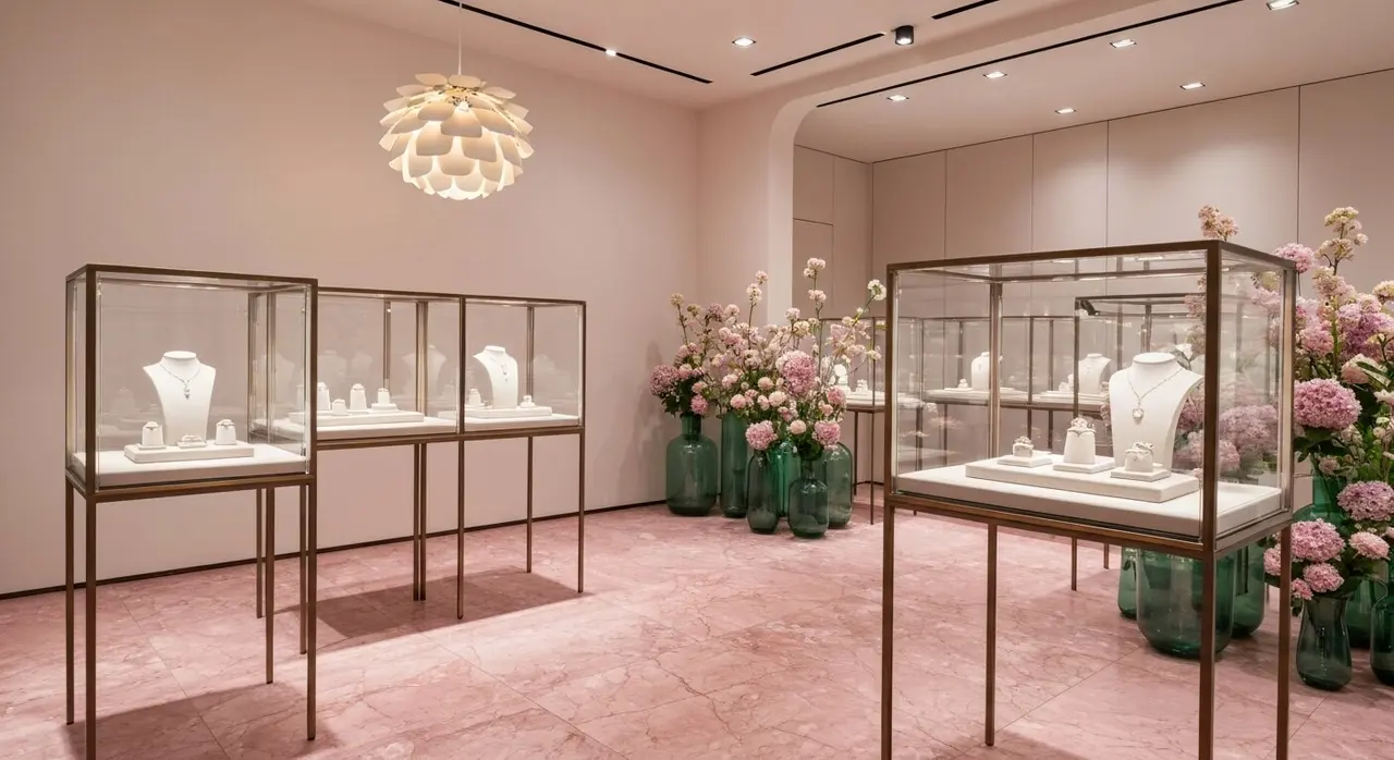 Pandora Italia laboratorio: interno del flagship milanese con marmo rosato e sospensioni Louis Poulsen Artichoke