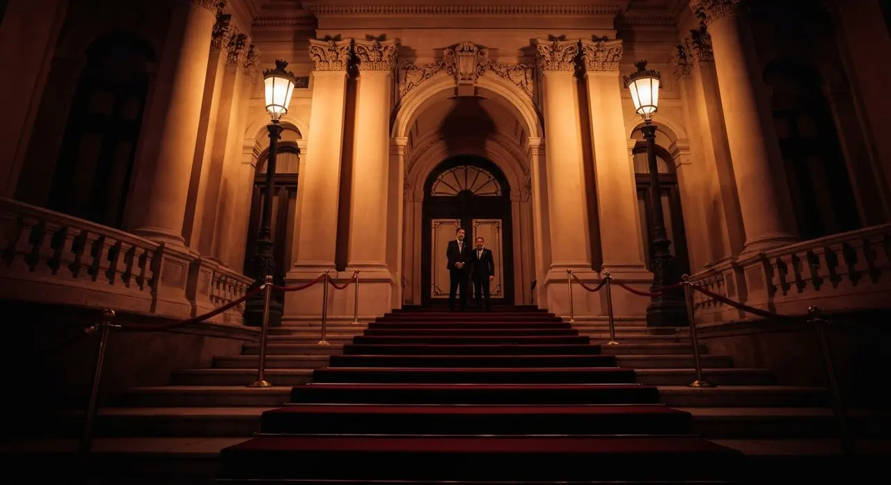 Red carpet all'ingresso di un palazzo romano illuminato nella serata dei Globi d'oro