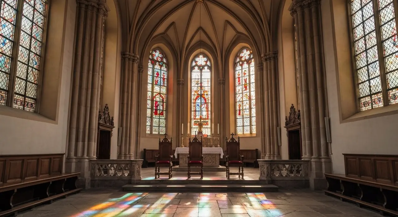 Scisma lefebvriani: interno di una cappella cattolica alpina con quattro seggi vescovili davanti all'altare