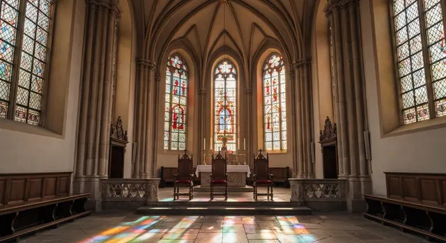 Scisma lefebvriani: interno di una cappella cattolica alpina con quattro seggi vescovili davanti all'altare