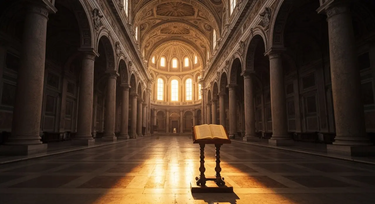 Basilica cattolica romana con leggio e libro aperto, simbolo dell'appello di Papa Leone XIV contro lo scisma lefebvriano