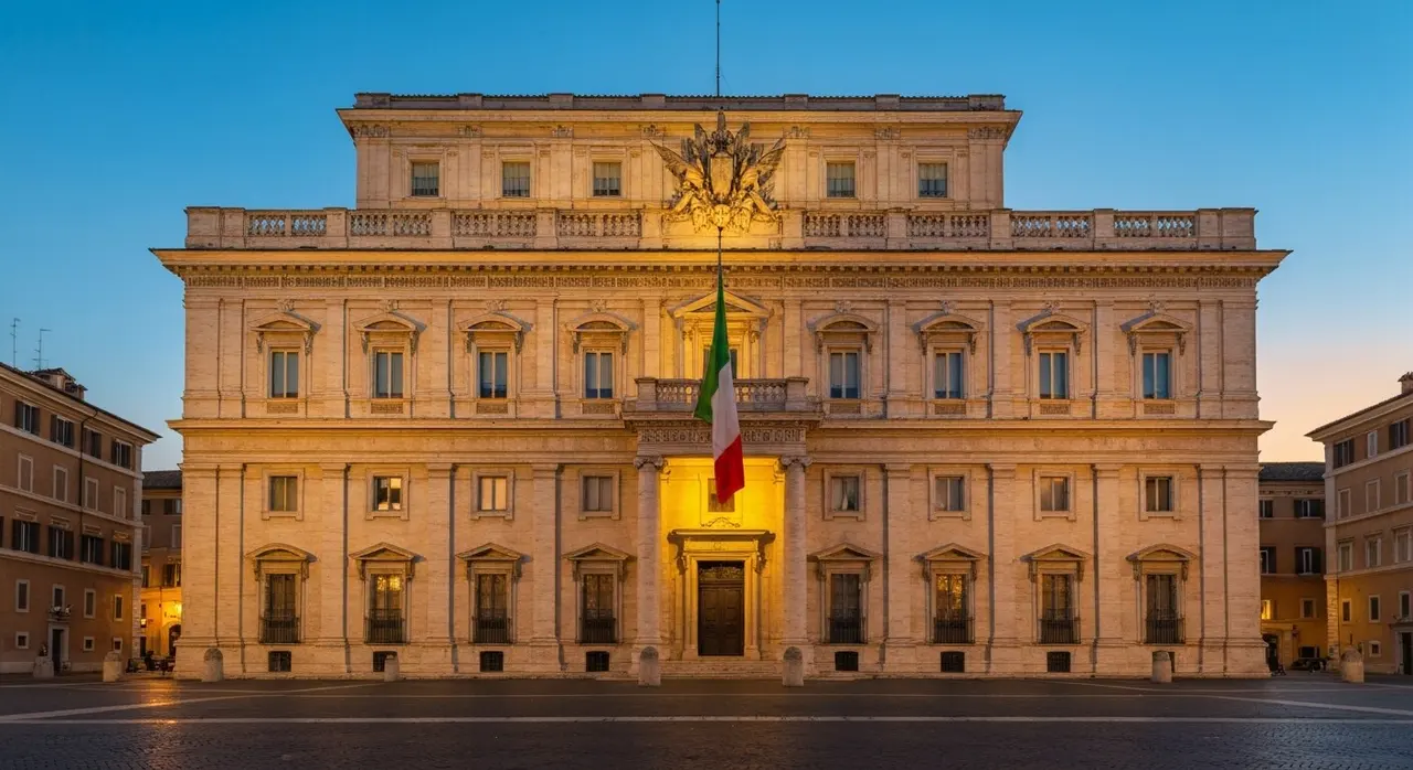 Palazzo Montecitorio al tramonto, sede della Camera dei Deputati coinvolta nella nomina dei nuovi commissari di Vigilanza Rai