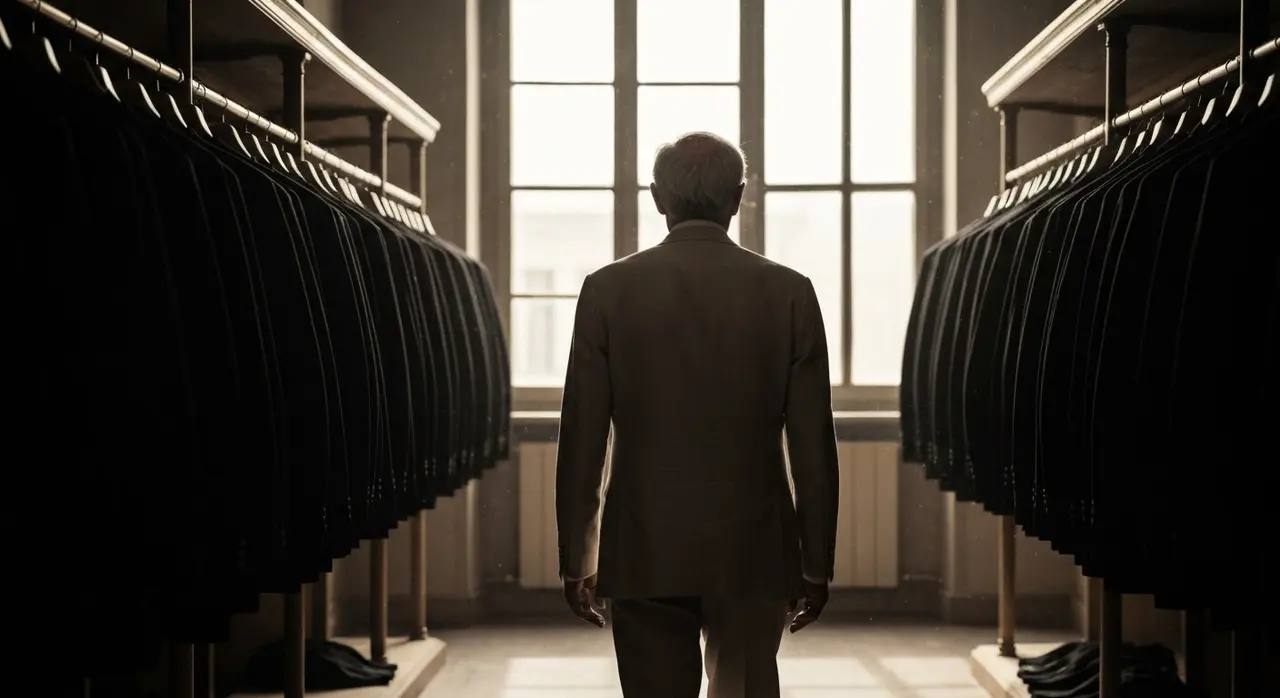 Stilista italiano di spalle nell'archivio abiti della propria maison, biopic Armani