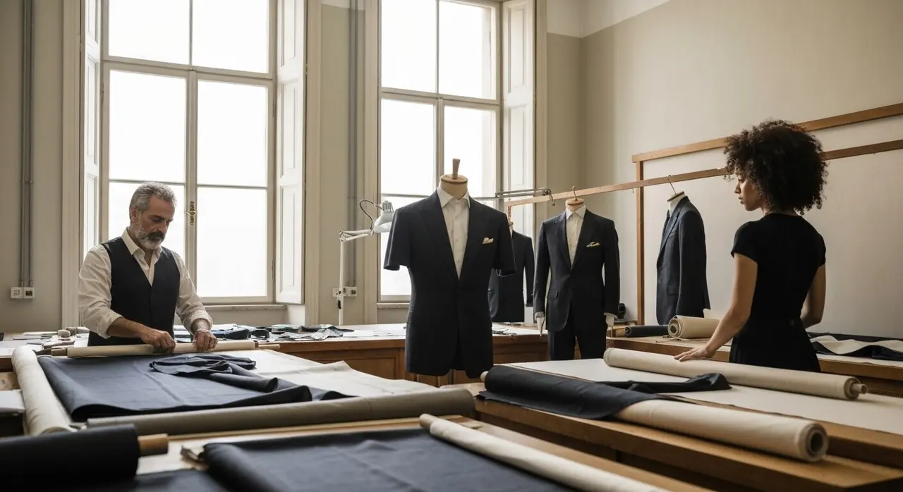 Osservatorio moda italiana: artigiani al lavoro in un atelier di alta moda a Milano, simbolo del valore del Made in Italy