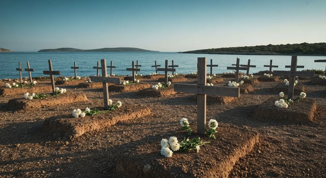 Cimitero di Lampedusa con croci di legno delle barche dei naufraghi e fiori bianchi