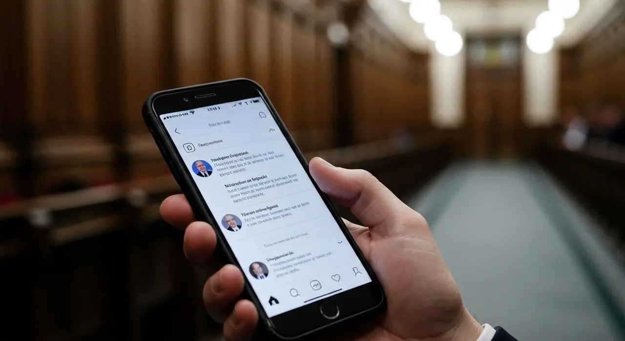 Smartphone con un feed social nei corridoi della politica italiana