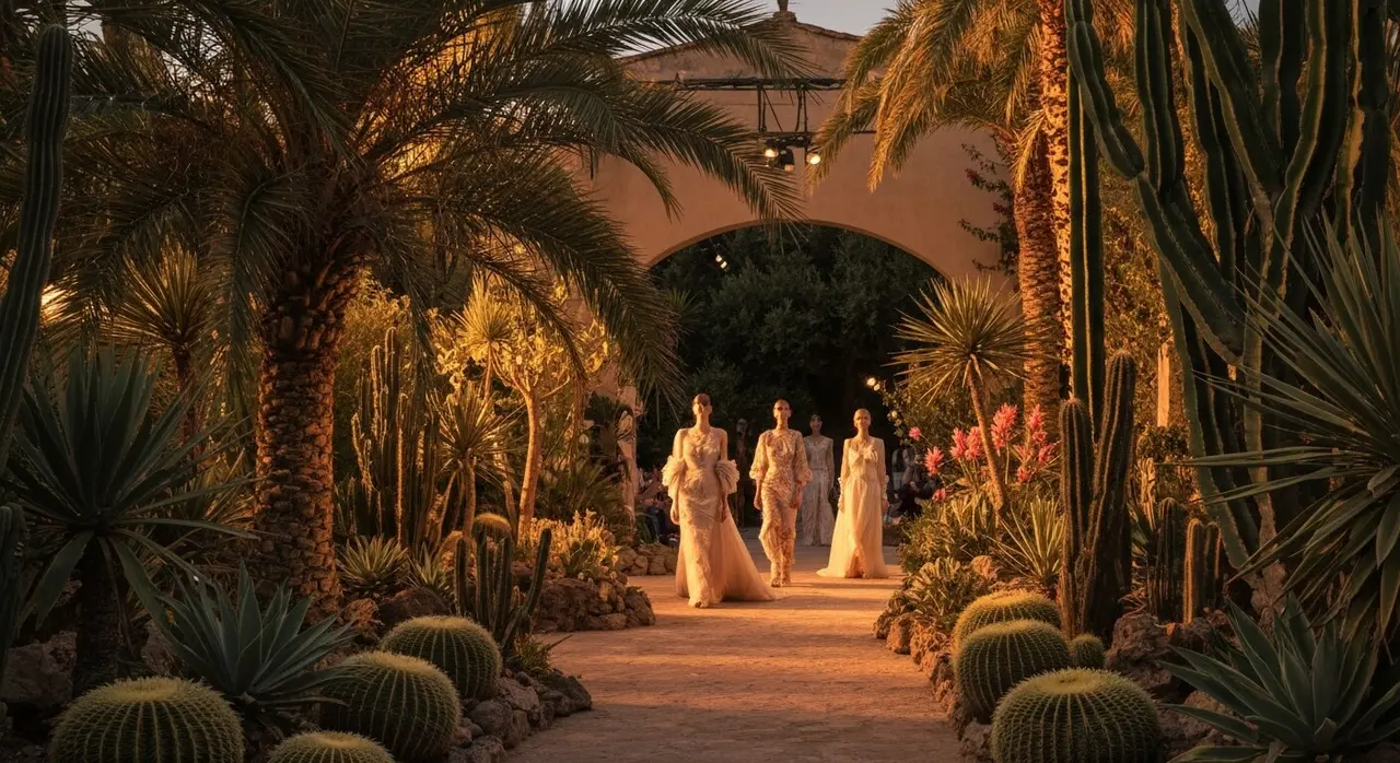 Sfilata Alta Moda donna nel giardino botanico di Radicepura a Giarre, vicino a Taormina