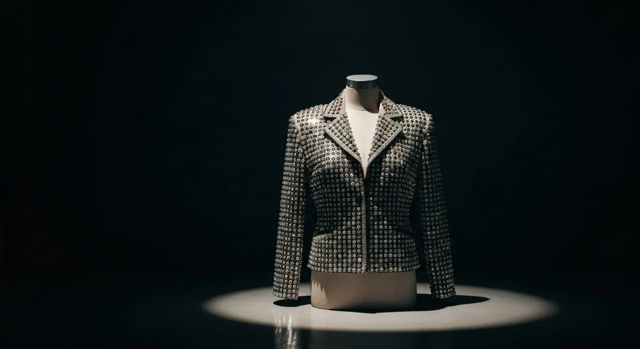 Giacca di scena tempestata di cristalli in stile King of Pop esposta come cimelio