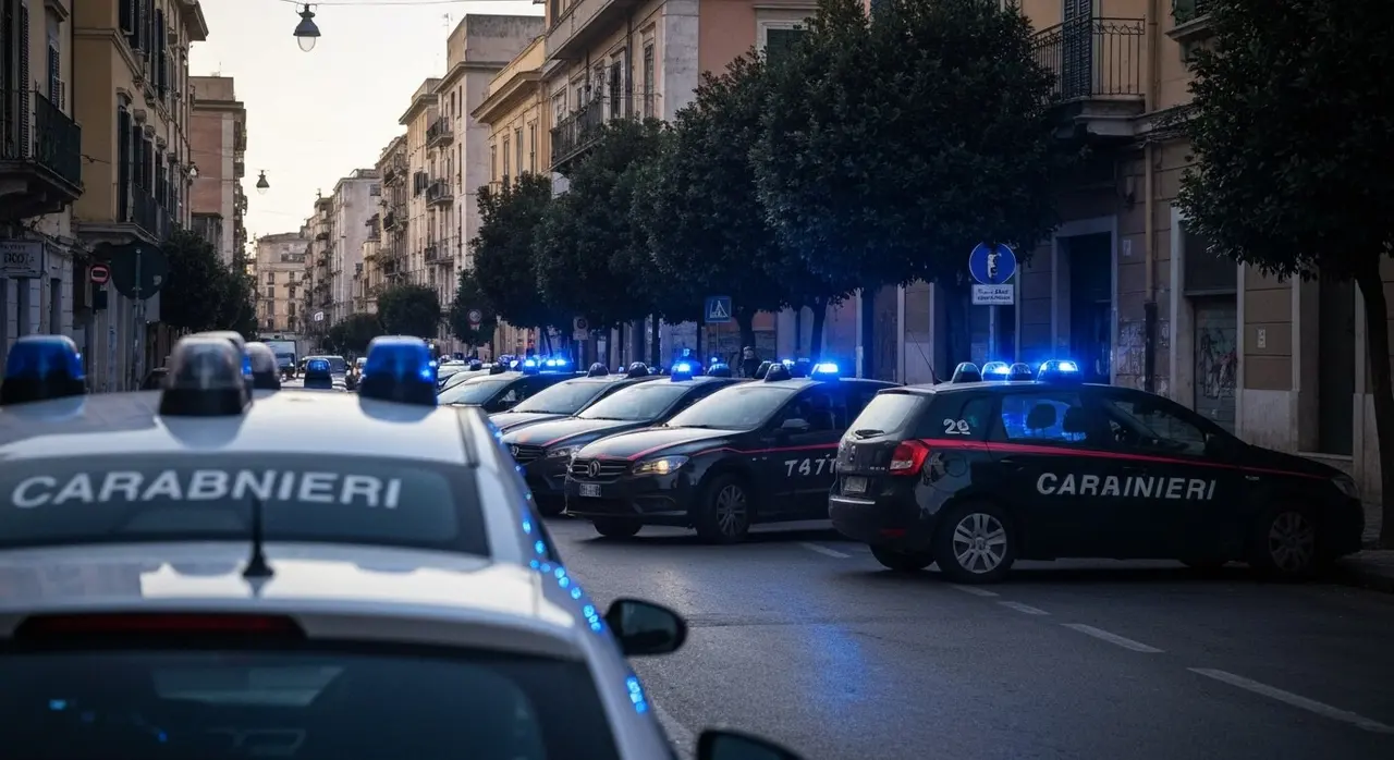 Volanti dei Carabinieri e della Polizia di Stato schierate all'alba durante la maxi operazione antimafia a Reggio Calabria