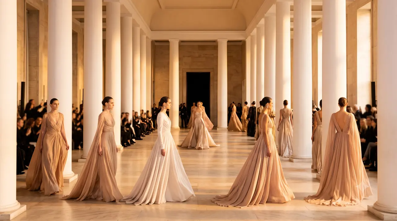 Rome Fashion Show 2026: sfilata di alta moda con abiti fluidi color cipria in un colonnato marmoreo