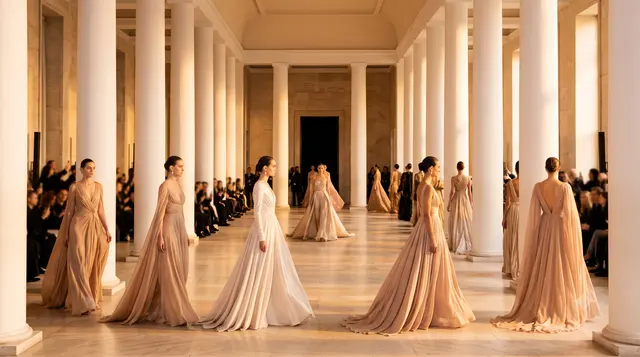 Rome Fashion Show 2026: sfilata di alta moda con abiti fluidi color cipria in un colonnato marmoreo