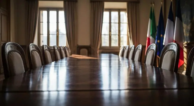 Tavolo permanente moda: sala riunioni istituzionale con bandiere di Italia e Francia e tessuti di alta sartoria
