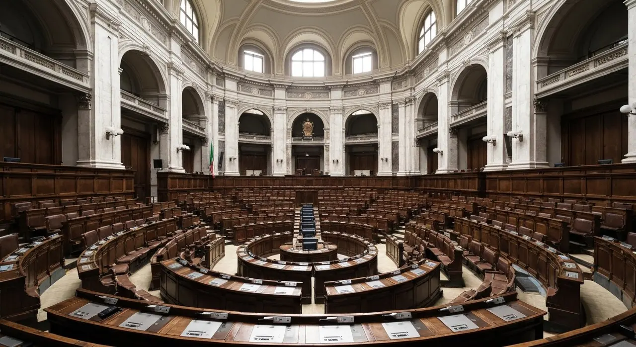 Stabilicum approvato Camera: emiciclo parlamentare italiano con i tabelloni di voto accesi