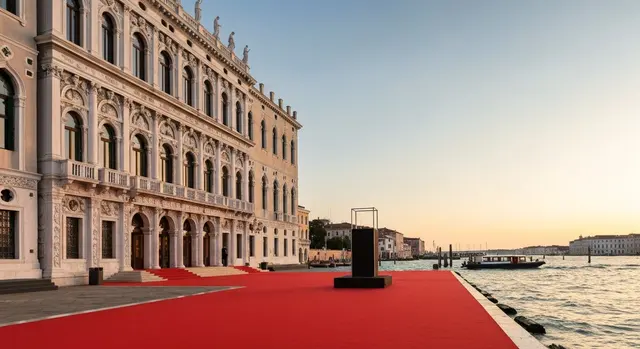 Ink di Danny Boyle: red carpet della Mostra di Venezia davanti al palazzo del cinema al tramonto