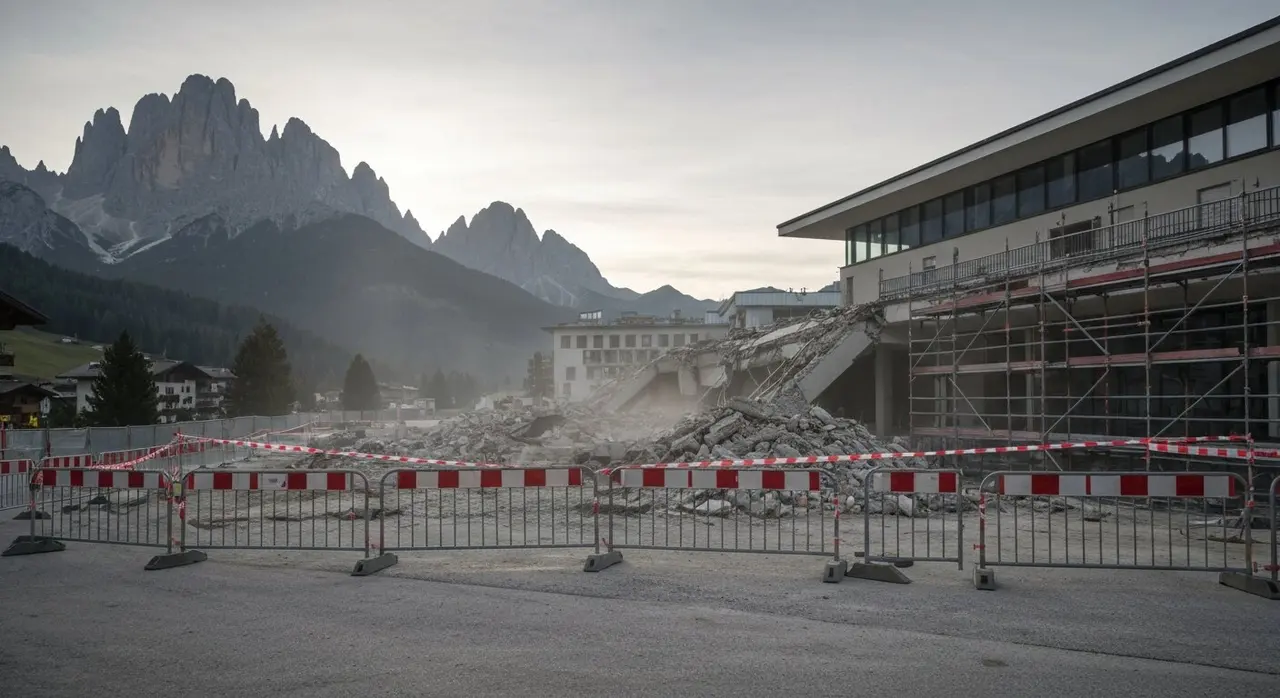 Crollo tribunale Bolzano: area transennata davanti all'edificio con macerie e impalcature