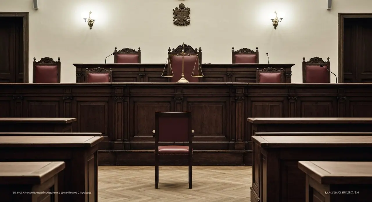 Condanne definitive Saman Abbas: aula di tribunale italiana deserta con la bilancia della giustizia