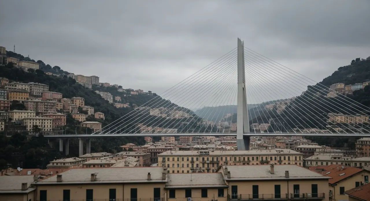Sentenza Ponte Morandi: il viadotto bianco che attraversa la vallata di Genova sotto un cielo grigio