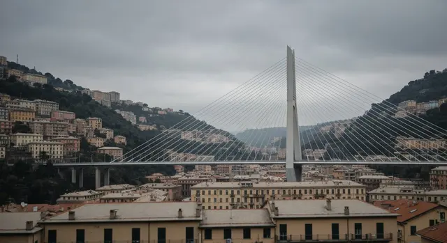 Sentenza Ponte Morandi: il viadotto bianco che attraversa la vallata di Genova sotto un cielo grigio