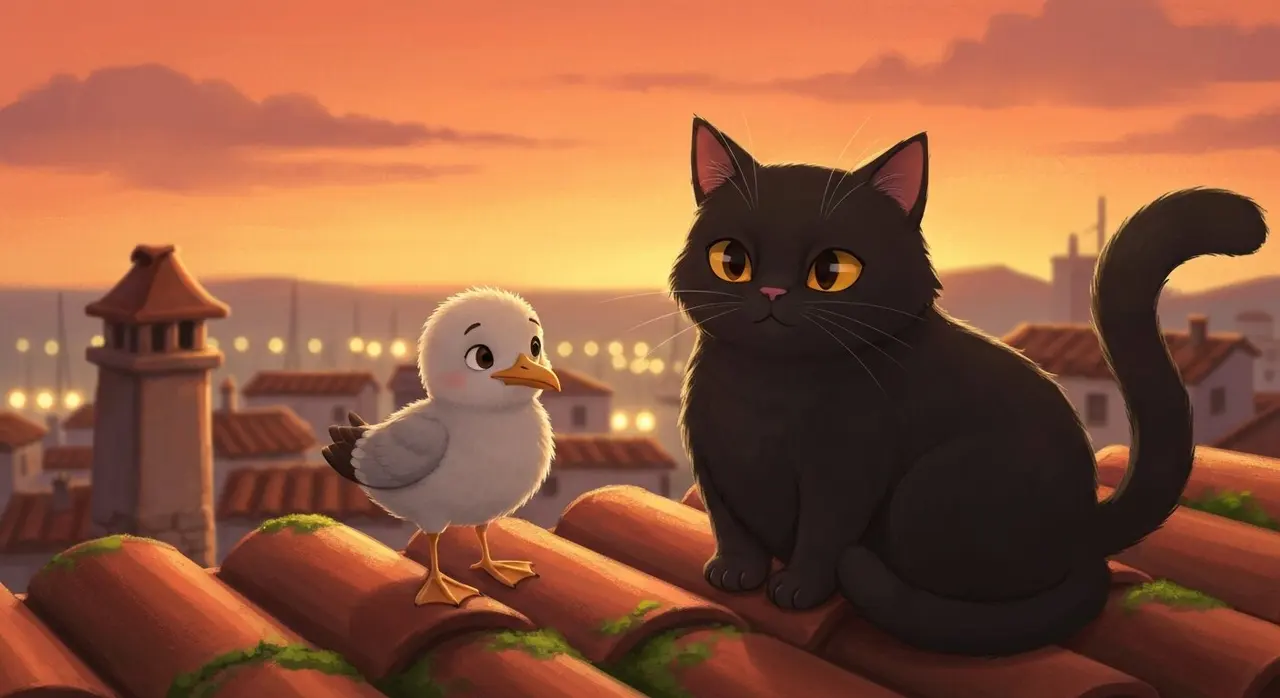 Gabbianella e il Gatto: illustrazione della gabbianella e del gatto nero su un tetto al tramonto